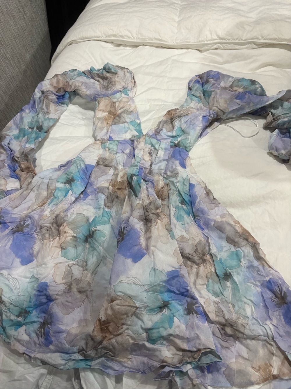 Backless Floral Chiffon Dress - Blue, Teal & Tan